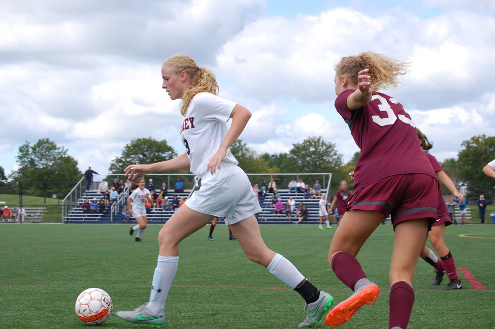 Hershey senior, Cassie Zugay turns away from two Mechanicsburg defenders while protecting the ball. Zugay is one of four captains for the Hershey Girls Soccer team. (Broadcaster/Elizabeth Newman)