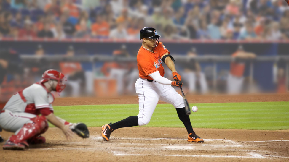 Giancarlo Stanton swings for the fences in a 2015 game against the division rival Phillies. Despite Stanton’s home run, the Marlins lost the game 7-3.
(Corn Farmer via Flickr/CC BY-ND Gian2.0)