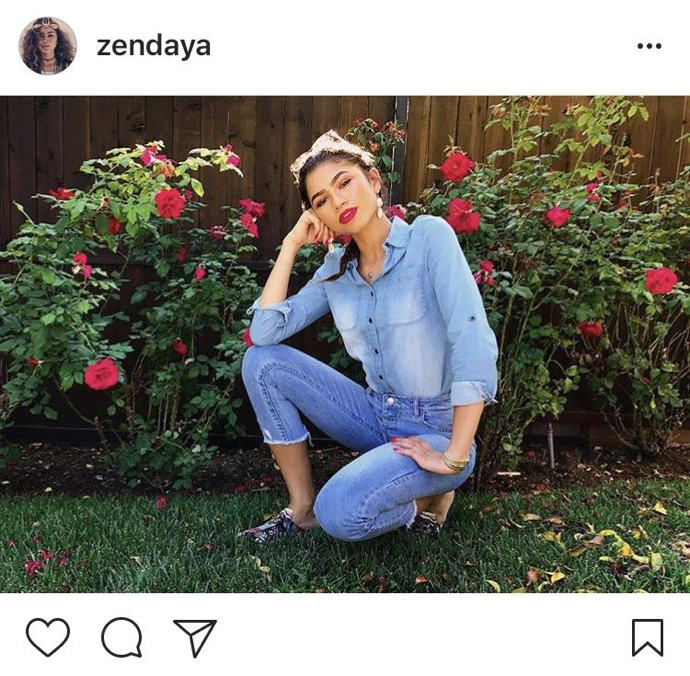 Actress and singer Zendaya rocks the denim on denim look with bright colored lipstick and matching nails. Zendaya is a spokesperson for Covergirl makeup brand. (via Instagram)