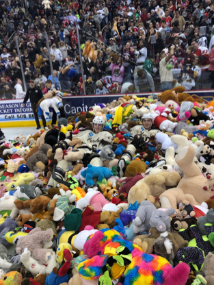 Hershey Bears players lay in a pile of teddy bears on the Giant Center ice on Sunday, December 3. These teddy bears will be donated to a variety of charities for children over the holiday season. (Hershey Bears Twitter)