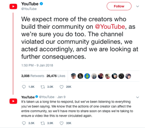 YouTube announces through a series of tweets that they will soon be addressing Paul’s situation more thoroughly. Since then, they confirmed they would be taking action and have removed Paul from several programs. (YouTube)