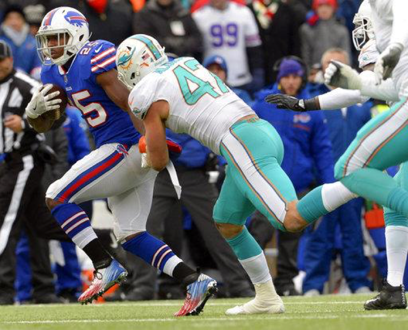 Buffalo Bills running back LeSean McCoy (25) is tackled by Miami Dolphins Kiko Alonso (47) during the first half of an NFL football game Sunday, Dec. 17, 2017, in Orchard Park, N.Y. McCoy became the 30th player in NFL history to reach 10,000 yards rushing with the play. (AP Photo/Adrian Kraus)