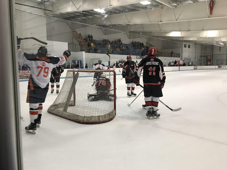 The Hershey Trojans celebrate a goal against Cumberland Valley on December 1 at Klick Lewis Arena. The Trojans won by 9 goals against CV to put them at 7 wins, 1 tie, and 2 losses. (Broadcaster/Elaina Joyner)