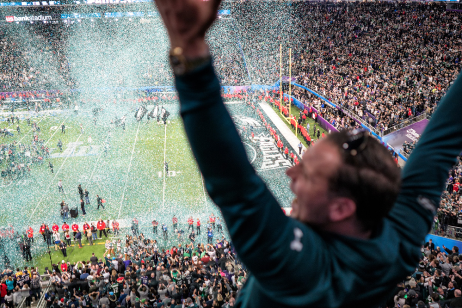 An Eagles fan celebrates the 41-33 victory over the Patriots.  Super Bowl LII set a record for highest total of combined yards in NFL regular season and playoffs with 1,151 yards.  (Laurie Shaull/CC BY-SA 2.0)