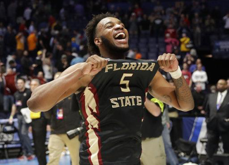 Florida State guard PJ Savoy (5), celebrates after defeating Xavier in a second-round game in the NCAA college basketball tournament in Nashville, Tenn., Sunday, March 18, 2018. Florida State defeated Xavier 75-70. (AP Photo/Mark Humphrey)