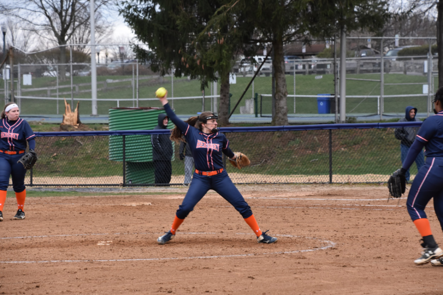 HHS senior captain, Lauren Kroutch, pitches against Palmyra on Thursday, April 19, 2018.  Hershey was shutout by Palmyra with a final score of 6-0. (Broadcaster / Katherine Clark)