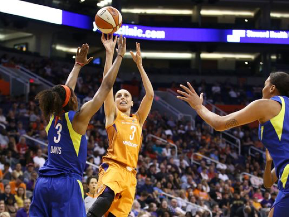 Diana Taurasi shoots a jumper over Dallas’s guard Kaela Davis in the first half of the game on May 18, 2018. The Phoenix Mercury won 86-78, and Taurasi made her 1,000th 3-pointer during the game. (Rob Shumaker/The Republic)
