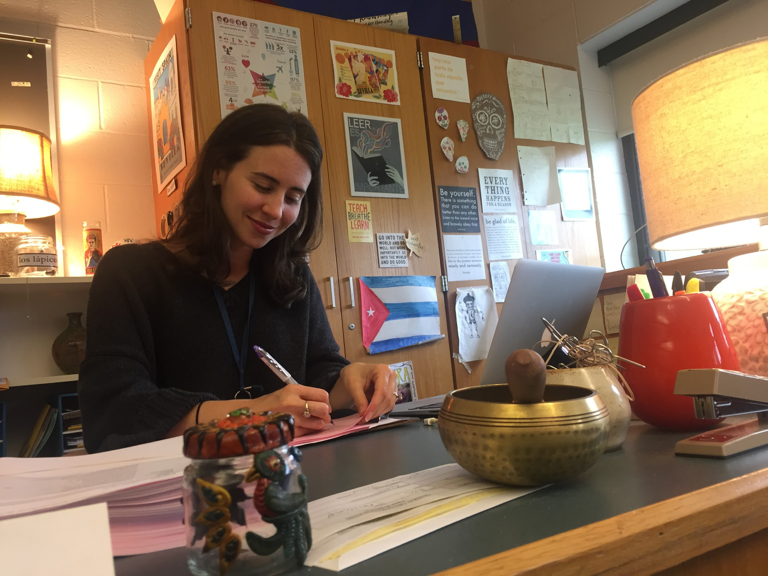 Golaszewski grading some of her students’ tests. She has created a non-stressful, warm environment in her classroom that helps her stay focused. (Broadcaster/Angelina Memmi) 
