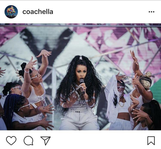 Newly popular hip-hop artist Cardi B. performs on stage, while pregnant, alongside her dancers. A few of the songs she sang included “I Do” ft. SZA and “Get Up 10.” (via Coachella)
