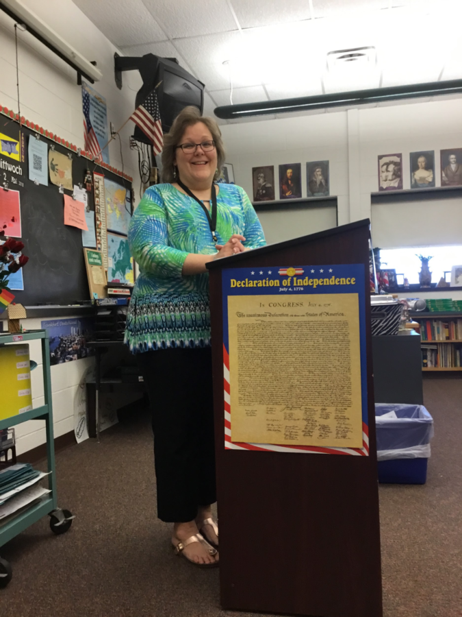 Miriam Collins stands in her room on May 2, 2018. Collins has taught history-related subjects and German since she came to Hershey High School in 1994. (Broadcaster/Rose Abraham)
