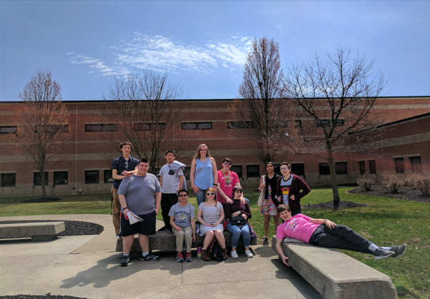 Members of German club pose for a picture in front of the school.  They were on their way back from Lebanon Valley College at “German Day.”. (Submitted by Mimi Collins)