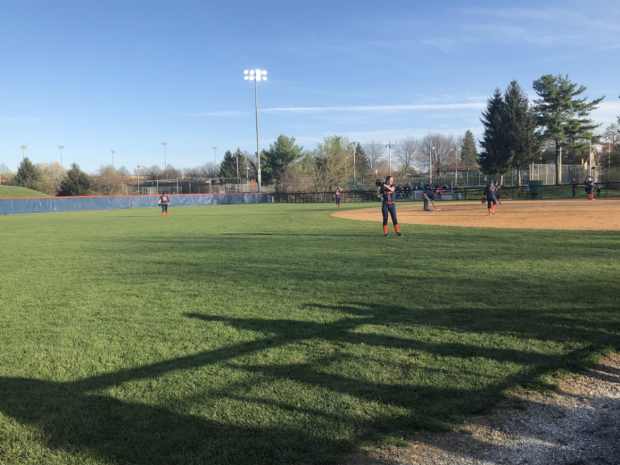 Players warm-up in between the third and fourth inning on March 26, 2018. Hershey was still in the lead against Bishop McDevitt at 3-2. (Broadcaster/Abbey Rogers)