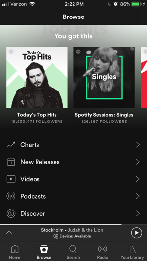 Currently, the Spotify app looks like this with key features like its sleek black background and bright white text. Spotify hasn’t updated its design since 2014.  (Broadcaster/Anna Levin)  