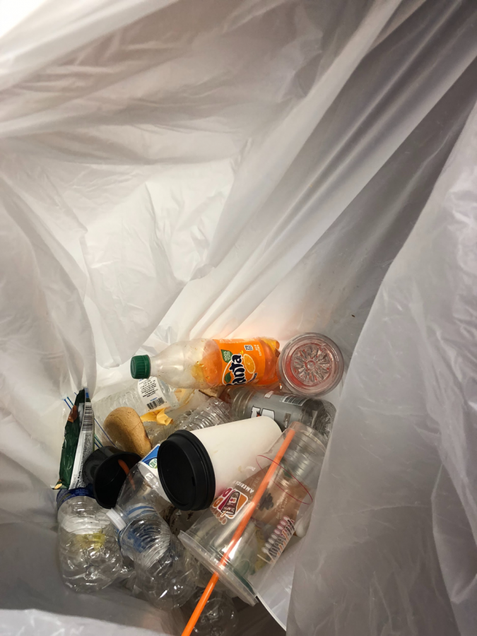 Trash contaminates recyclables as students continue to throw trash into the recycling bin. HHS student are uninformed on the effect that not recycling has. (Broadcaster/ Emily Massage) 