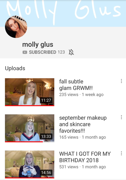 Glus has nine videos published and 123 subscribers. Glus started her channel on August 7, 2018. (Screenshot from Youtube)