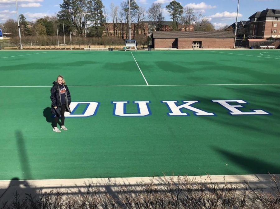 Shealyn Tatara is standing on the Duke University field hockey field on April 23, 2018. Tatara said, “I am beyond thankful to announce my verbal commitment to Duke University.” (Submitted/Shea Tatara)