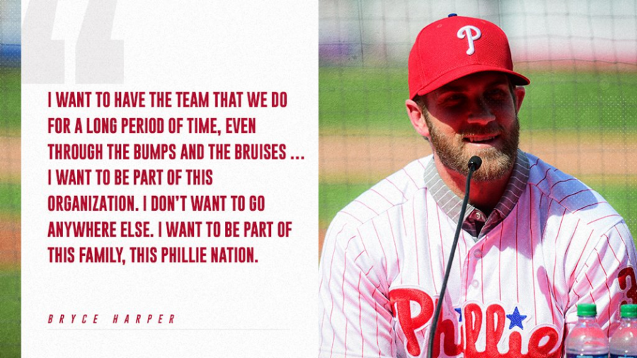 Bryce Harper declares that he is happy to be a Phillie and wants to be there for a long time. Harper just signed the largest contract in baseball history with the Phillies. (Via/Phillies Twitter)
