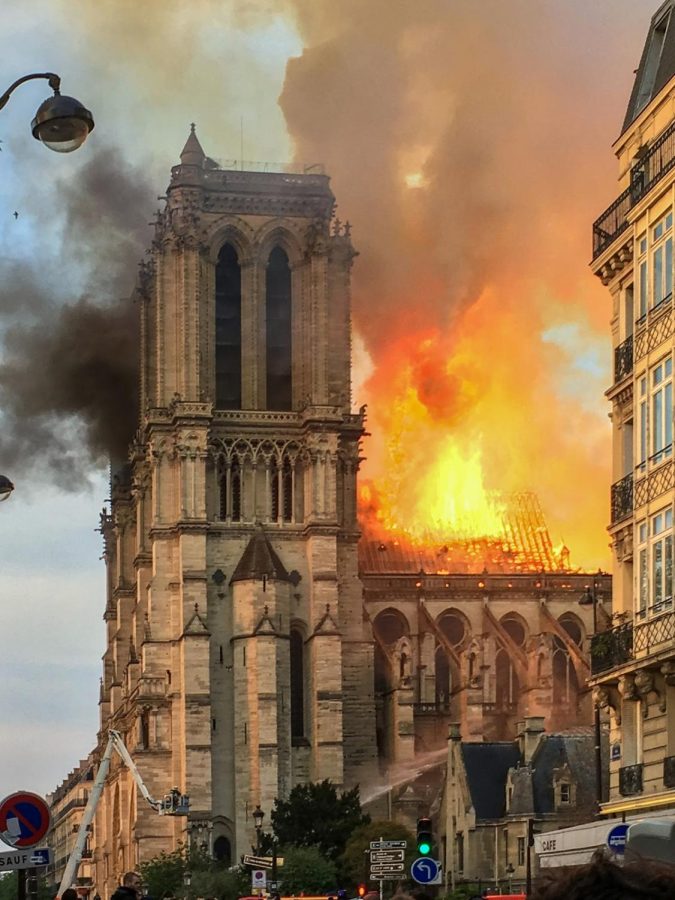 The Notre Dame Cathedral burns on April 16, 2019.  The fire is under investigation as an accident, but may have been caused by an electrical fault.  (Creative Commons/LeLaisserPasserA38)