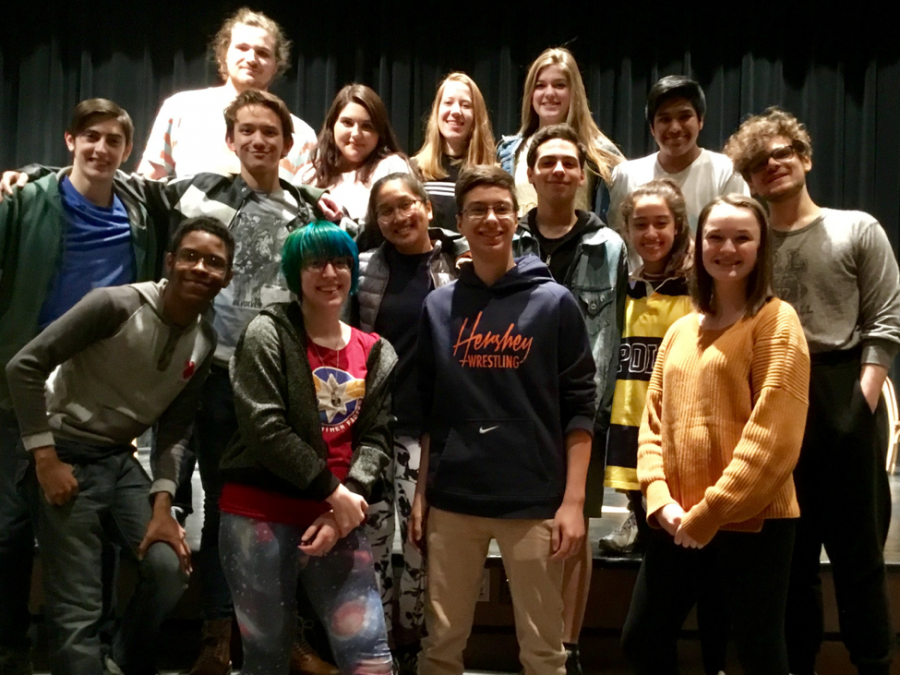 The cast of “Check Please” poses for a group photo on April 16, 2019. The rigorous rehearsal was focused on polishing up the scenes for the performance. (Broadcaster/Té Burkholder)
