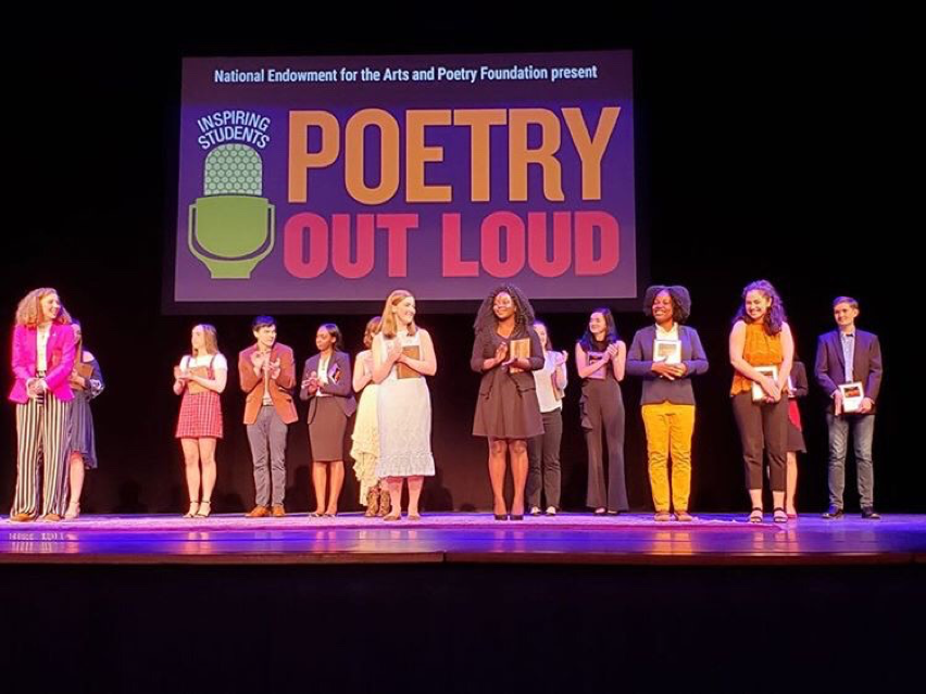 Hershey High School sophomore Jordan Lewis steps forward as one of the eight students that are being considered to move on to finals for the first competing region for the 2019 Poetry Out Loud National Recitation Contest on April 30, 2019. She got the opportunity to recite her third selected poem, Art vs Trade by James Weldon Johnson. (Misty Lewis)
