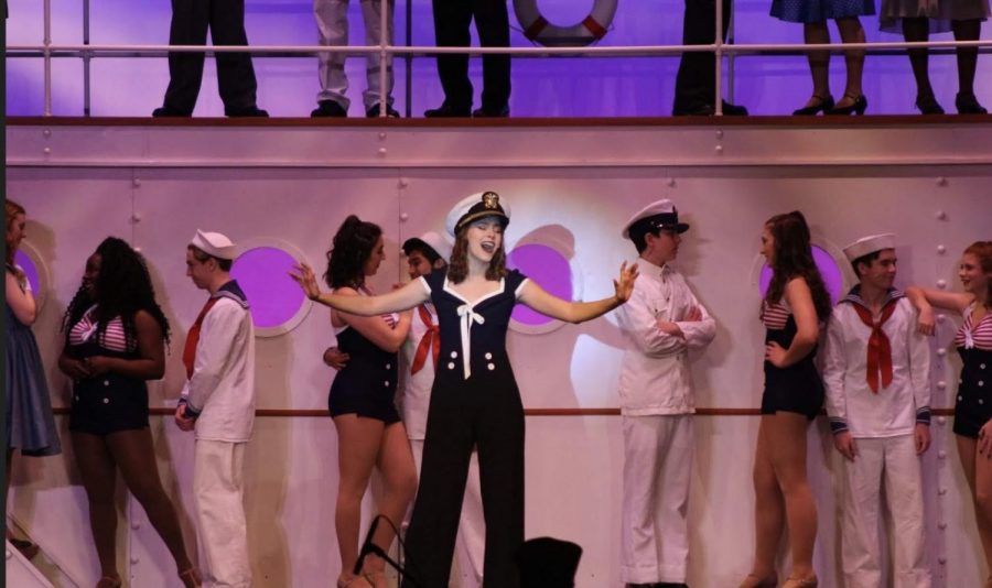 Senior Myah Koepfer stands on the set of Hershey’s musical Anything Goes, playing Reno Sweeney as she sings the musical’s “Anything Goes” number. Her performance earned her a nomination in the Apollo Awards for “Outstanding Lead Actress in a Musical.” (Phil Ayala)