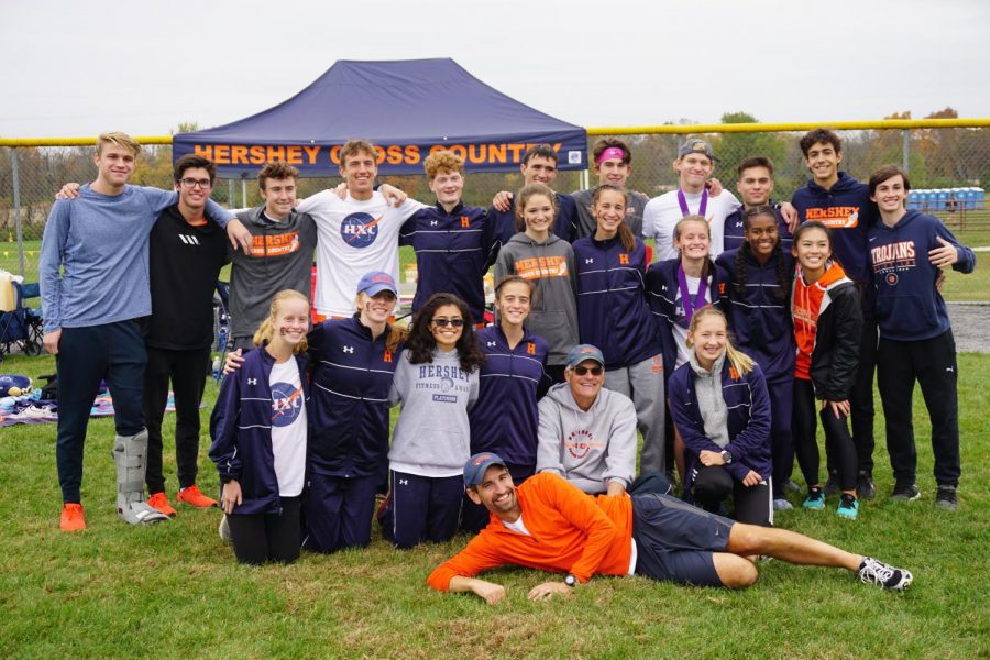 The Hershey Cross Country team poses in front of their tent at the District III Championship meet on Saturday, October 26, 2019.  For the first time “in nearly thirty years,” both squads qualified for the state meet at the same time.  (Broadcaster/Robert Sterner) 
