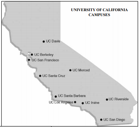 Pictured is a map of the University of California campuses across the state.  The University of California is being sued by a group of students and a coalition of nonprofits for using the SAT and ACT for admissions purposes.  (Riverside City College)