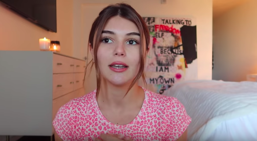 Olivia Jade talks to her fans in a December 1, 2019 video titled, “hi again.”  Jade said she was legally not allowed to specifically address the college admissions scandal.  (screenshot from Olivia Jade’s YouTube channel)