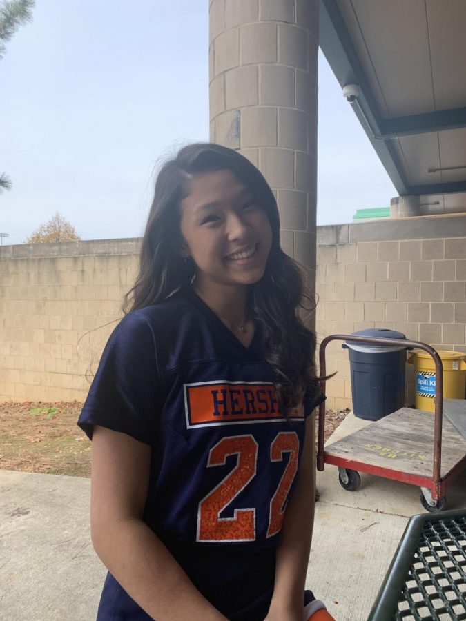 Ferns smiles outside during lunch at HHS. Ferns sported her jersey that she wore on the Senior Night football game on October 5, 2019. (Broadcaster/Adrianna Malena).
