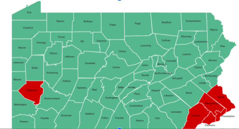 Pictured is a map of Pennsylvania with the six counties impacted by Governor Wolf’s order in red.  The goal of the two-week stay at home order is to slow the spread of COVID-19 in Pennsylvania. (Broadcaster/Robert Sterner)
