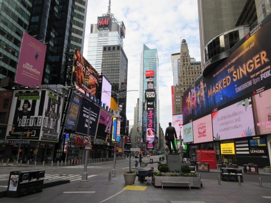 Broadway and Times Square stand nearly empty on April 7, 2020.  Broadway has struggled with the pandemic as New York City became a hotspot for infections of COVID-19.  (Brecht Bug/CC BY-NC-ND 2.0)