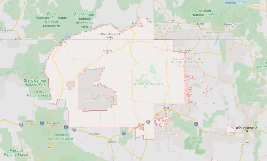 Pictured is the Navajo Nation, a Native American territory within the United States that occupies over 27,000 square miles, spanning across parts of Arizona, Utah, and New Mexico. It is the largest Native American reservation and is bigger than the state of West Virginia. (Google Maps)
