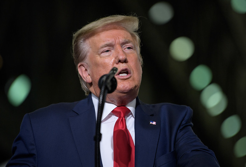 President Trump speaks at at NASA’s Kennedy Space Center in Florida on Saturday, May 30, 2020.  Trump and his wife Melania both tested positive for COVID-19.  (NASA/Bill Ingalls)