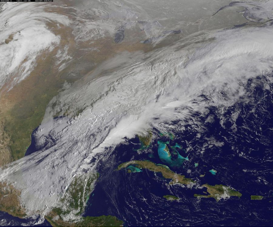 	
The green of St. Patricks Day in the Mid-Atlantic is covered by white snow as a result of a late winter snow storm. The covering of the green was captured in a movie made at NASA using NOAAs GOES satellite data. (NASA Goddard Space Flight Center/Public Domain)