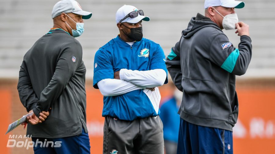 The Miami coaching staff studies the prospects at the Senior Bowl practice in Mobile, Alabama.  Miami executed a pair of trades including trading down to net a number of picks this year and in future drafts. (Miami Dolphins)