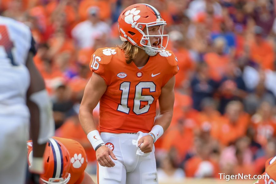 Trevor Lawrence calls out a play.  Lawrence is the consensus #1 pick for the NFL draft. (TigerNet.com/CC BY-NC-ND 2.0)