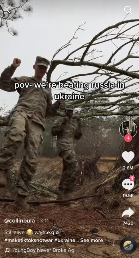 Ukrainian soldiers post a video of themselves doing a trending TikTok dance on the battlefield. Many people, even ones directly involved in the Ukrainian conflict, have been posting videos poking fun at the war leading to possible widespread desensitization. (Broadcaster/Screenshot)