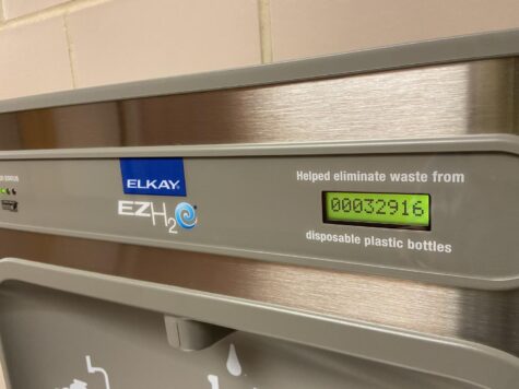 HHS water fountains have a section used for refilling water bottles to help students limit the amount of single-use plastic they’re using. The water fountain in the second floor F-wing has already been used enough times to fill 32,916 plastic bottles. (Broadcaster/Elizabeth Vojt)