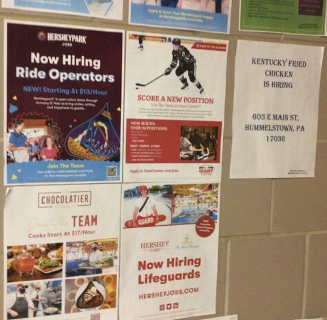 Flyers for jobs in Hershey are posted in the D wing hallway. According to the US Bureau of Labor Statistics, over 11.3 million job positions were open at the end of February of 2022. (HHS Broadcaster/Ashley Bu)
