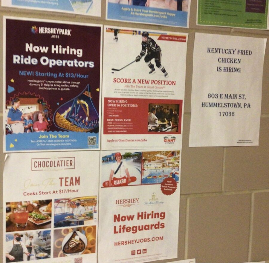 Flyers+for+jobs+in+Hershey+are+posted+in+the+D+wing+hallway.+According+to+the+US+Bureau+of+Labor+Statistics%2C+over+11.3+million+job+positions+were+open+at+the+end+of+February+of+2022.+%28HHS+Broadcaster%2FAshley+Bu%29%0A
