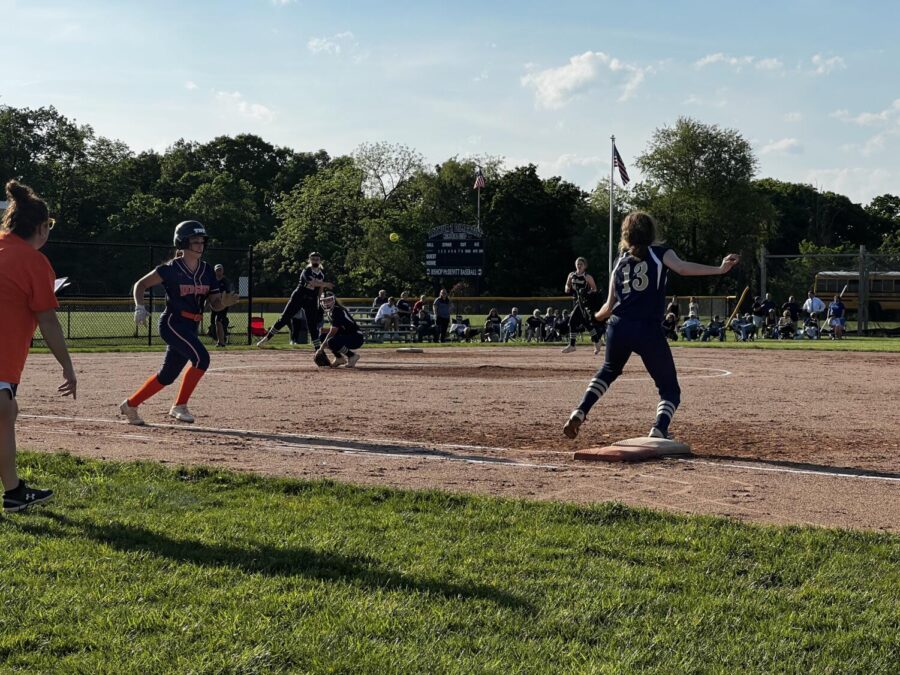Pictured+is+Karelys+Cabrera+running+to+first+base+at+the+Hershey+vs.+Bishop+McDevitt+varsity+softball+game+on+May+19th%2C+2022.+This+11-1+victory+was+the+final+game+for+the+softball+team%E2%80%99s+2022+season.+%28Broadcaster%2FElizabeth+Vojt%29