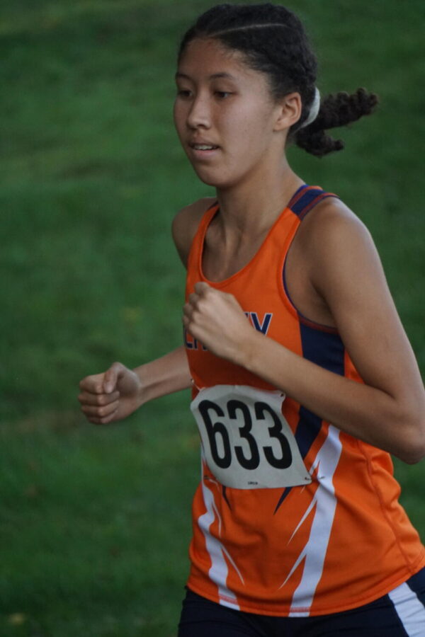 Senior Rachel Lyn-Sue runs against Palmyra and Cedar Cliff on Palmyras home course on Tuesday, September 19, 2022.  Lyn-Sue finished fourth in 22:01.  (Broadcaster/Robert Sterner)