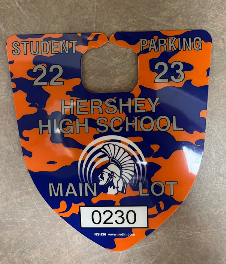 Pictured is a student parking pass from 2022-2023. Hershey High School students are given these passes once purchased. Each student is given a unique number, which are monitored by staff on parking duty. (Broadcaster/Christina Lengle)

