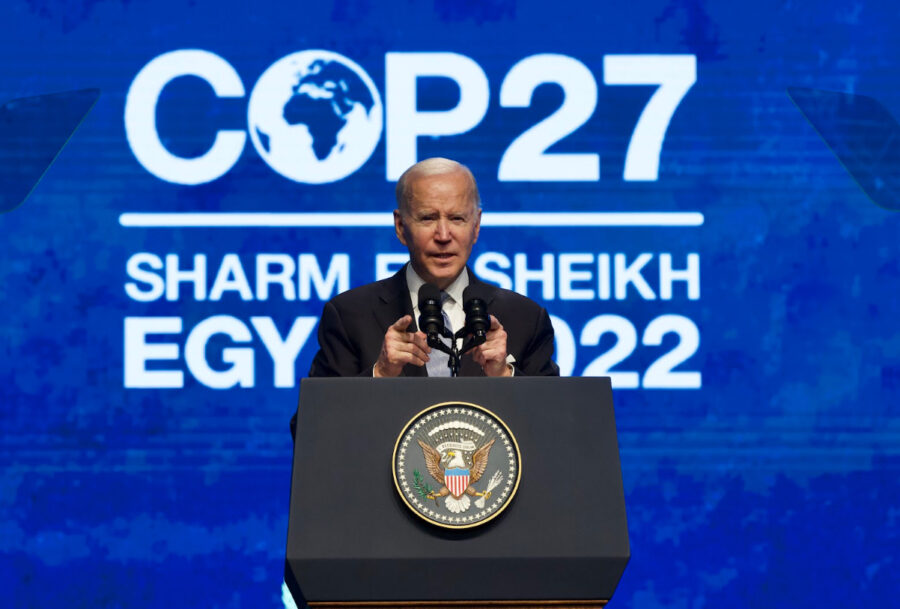 Biden speaks at the United Nations Climate Conference in Sharm el-Sheikh, Egypt. He apologized for USA’s action to leave the Paris Agreement. (US Embassy Cairo/Maged Helal) 
