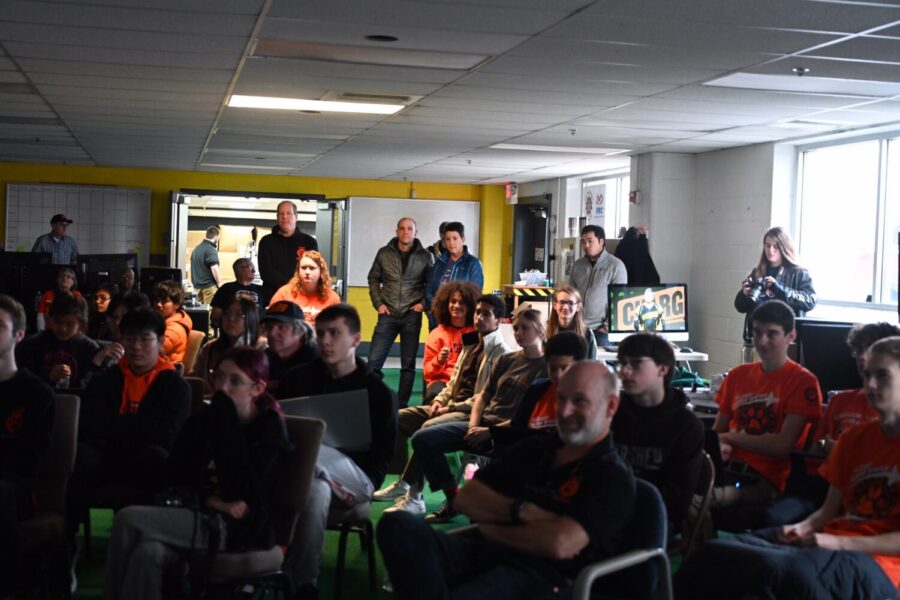 The robotics team watches the kick-off stream on Twitch. This where they reveal the game among other things. (Krypton Kougars Media Team) 
