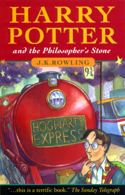 An early UK cover of Harry Potter and the Philosophers Stone is pictured.  The The eight-movie series based on the books is the fourth highest grossing film series, with nearly $8 billion. (Bloomsbury/J.K.Rowling)