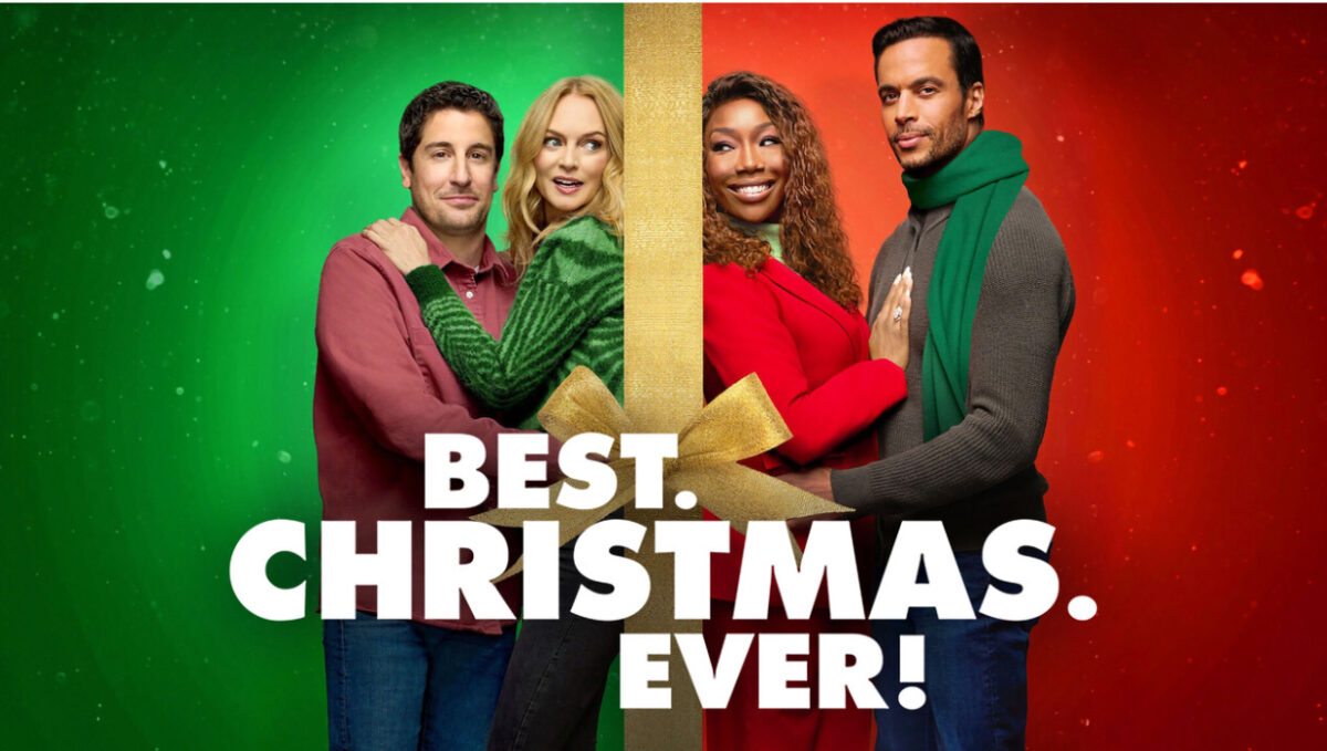 https://www.tvinsider.com/show/best-christmas-ever/
Charlotte Sanders and Rob Sanders, played by Heather Graham and Jason Biggs, pose on the left, while Jackie Jennings and Valentino, played by Brandy Norwood and Matt Cedeño, are on the right. The film was written by Todd Calvin Gallicano and directed by Mary Lambert. (Picture from TV Insider, movie cover)
