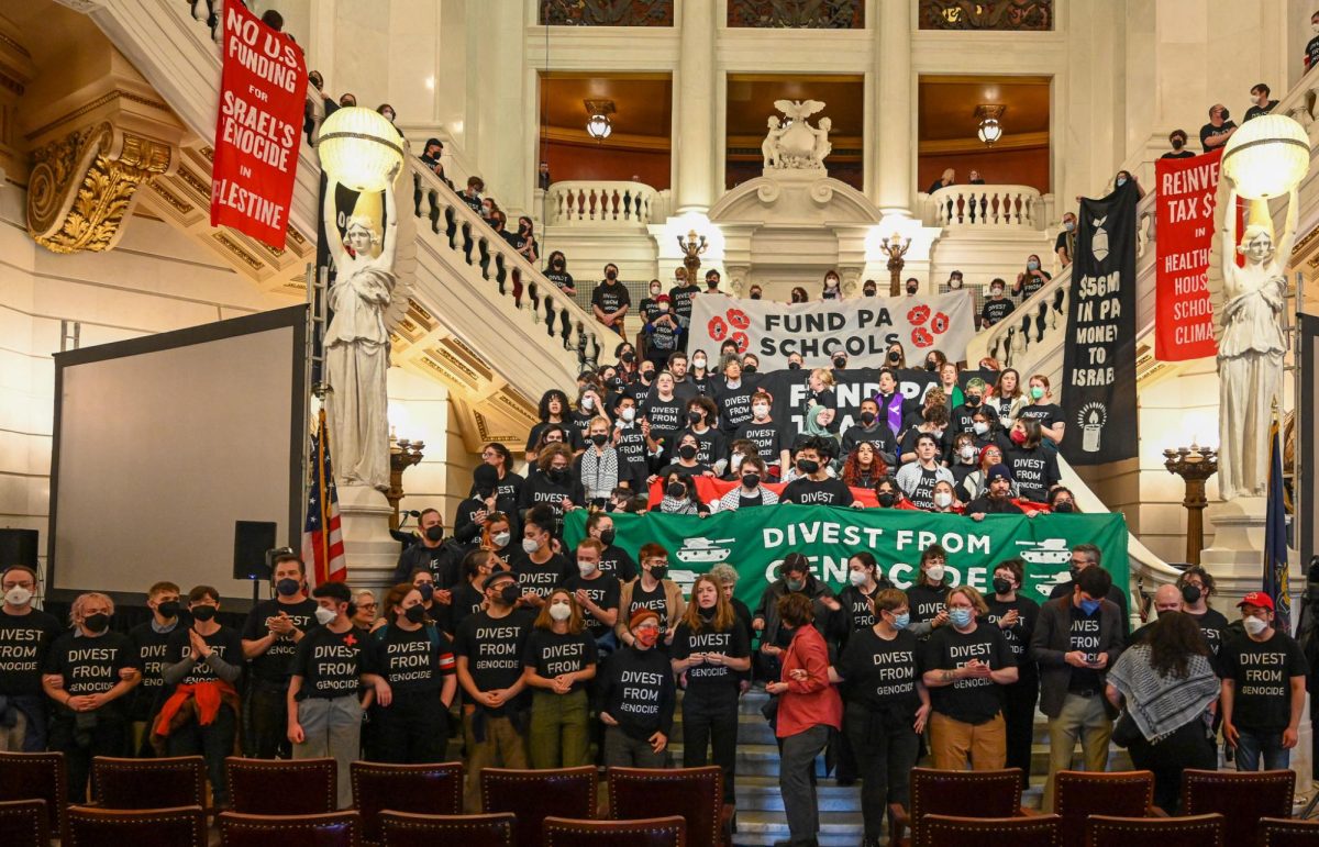 Pro Palestine Protester gather in the Capitol building of Harrisburg. This event was organized by CAIR and the Philly Palestine Coalition on February fifth in response to Pennsylvania investing $20 million of taxpayer dollars in Israel bonds.