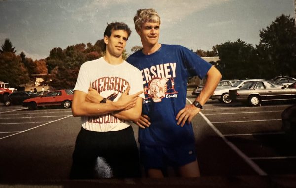 Head Coach Al Fricke (right) is pictured with assistant coach Steve Koons in a 1995 photo.  Fricke announced his retirement from coaching cross country on Wednesday, November 6, after 48 years leading the Trojans.  (submitted by Al Fricke)