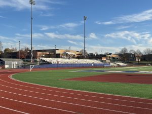 The temporary football stadium stands as of November 7. The DTSD school board has met to discuss construction start dates for the permanent stadium. (Broadcaster/Gwen Cysyk)
